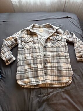 Thread & Supply Plaid Button-Front Shacket - Beige, Gray, Cream